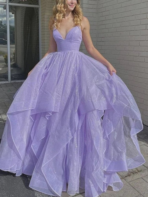 Shiny V Neck Purple Long Prom Dresses, Fluffy Purple Formal Evening Dresses, y Ball Gown