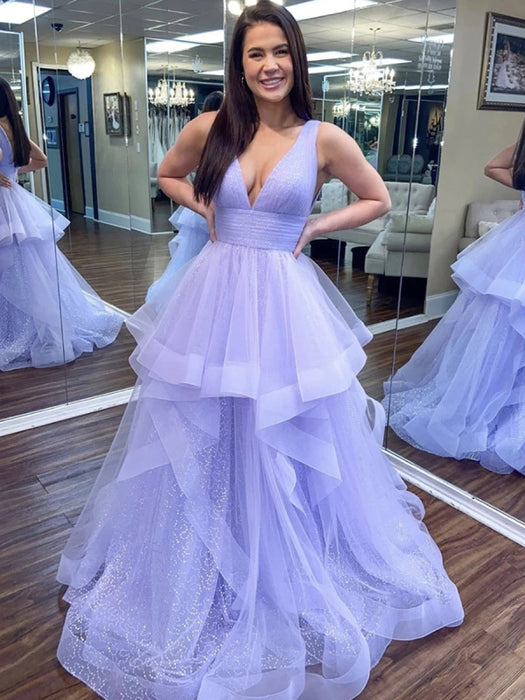 Shiny V Neck Purple Long Prom, Stylish Purple Formal, Fluffy Lilac Eve — Bridelily Shiny V Neck Purple Long Prom, Stylish Purple Formal, Fluffy Lilac Eve — Bridelily