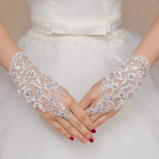 Short Fingerless Crystal Red Lace Wedding Gloves | Bridelily - WHITE - wedding gloves