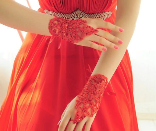 Short Fingerless Crystal Red Lace Wedding Gloves | Bridelily - Red - wedding gloves