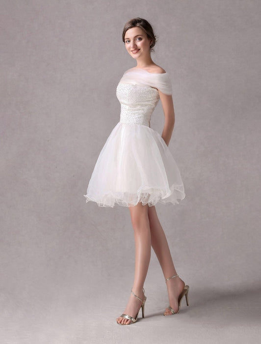 Short IvoryStrapless A-line Beading Wedding Dress For Bride misshow