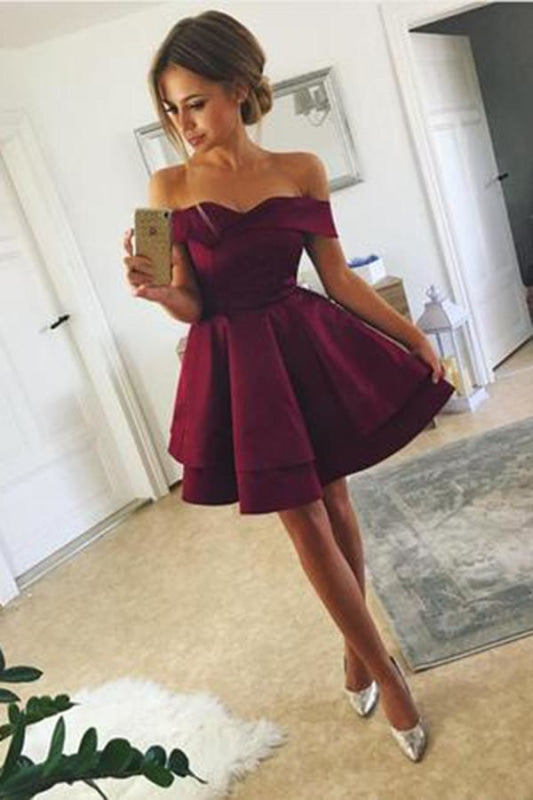 Short Satin Off-The-Shoulder Homecoming Dresses A Line Mini Ruched Prom Dress - Prom Dresses