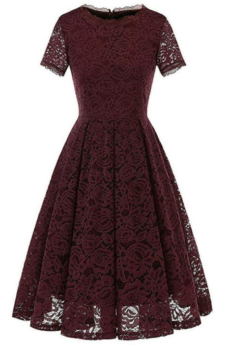 Short Sleeve Office Lace Ladies Knee-Length Dress - Burgundy / S - lace dresses