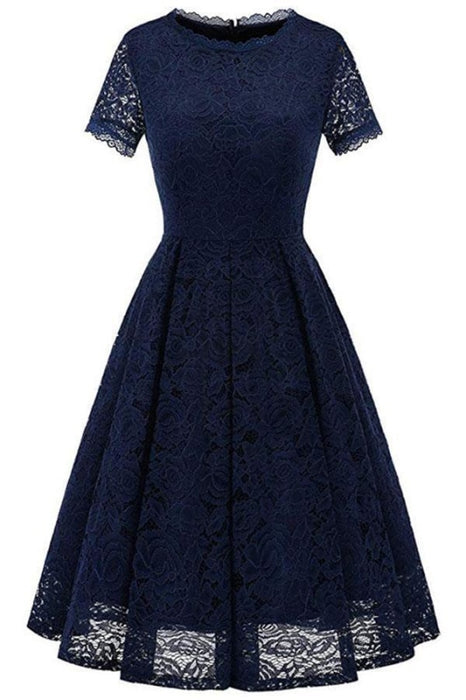 Short Sleeve Office Lace Ladies Knee-Length Dress - Navy Blue / S - lace dresses