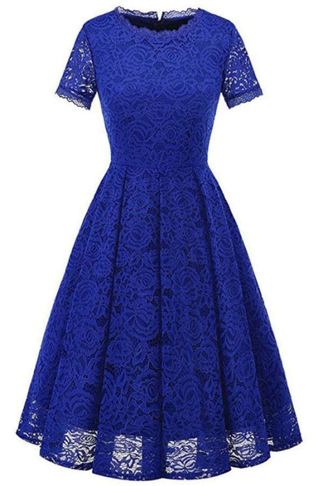 Short Sleeve Office Lace Ladies Knee-Length Dress - Blue / S - lace dresses