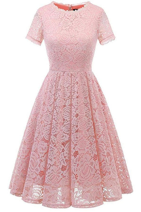 Short Sleeve Office Lace Ladies Knee-Length Dress - Pink / S - lace dresses