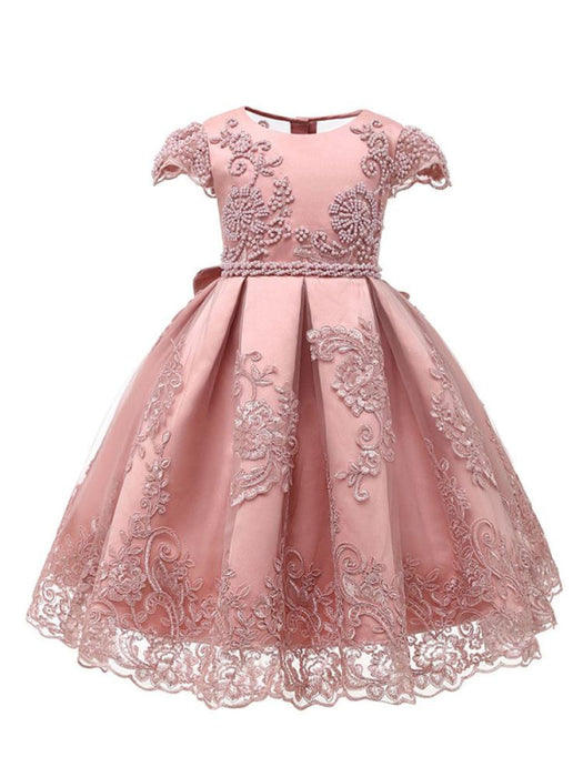 Flower Girl Dresses Jewel Neck Lace Short Sleeves Knee-Length Kids Social Party Princess Dresses