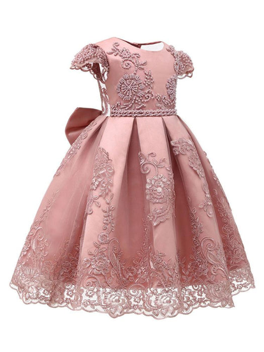 Flower Girl Dresses Jewel Neck Lace Short Sleeves Knee-Length Kids Social Party Princess Dresses