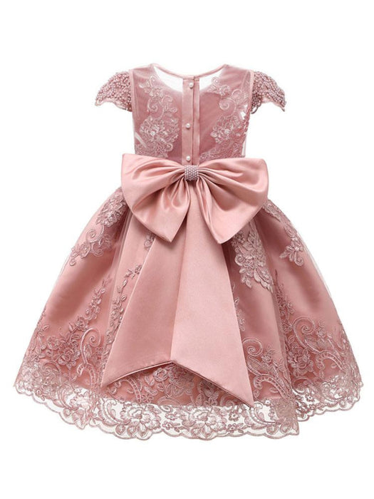 Flower Girl Dresses Jewel Neck Lace Short Sleeves Knee-Length Kids Social Party Princess Dresses