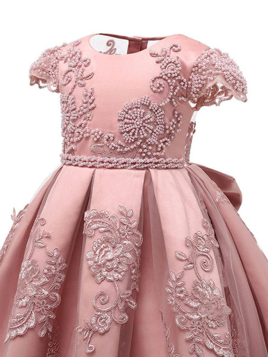Short Sleeves Cute Flower Girl Dresses 3D Lace Beaded Knee-Length Kids Bridelily Short Sleeves Cute Flower Girl Dresses 3D Lace Beaded Knee-Length Kids Bridelily