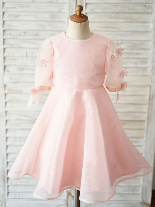 Flower Girl Dresses Jewel Neck Short Sleeves Kids Pink Social Party Dresses