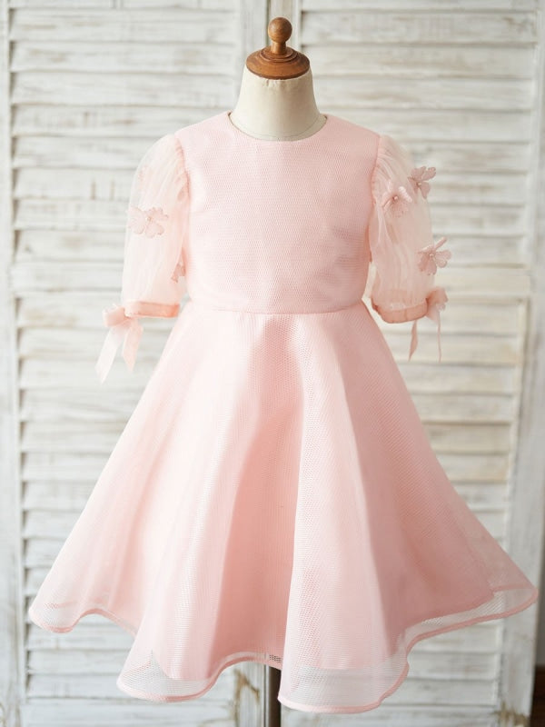 Flower Girl Dresses Jewel Neck Short Sleeves Kids Pink Social Party Dresses