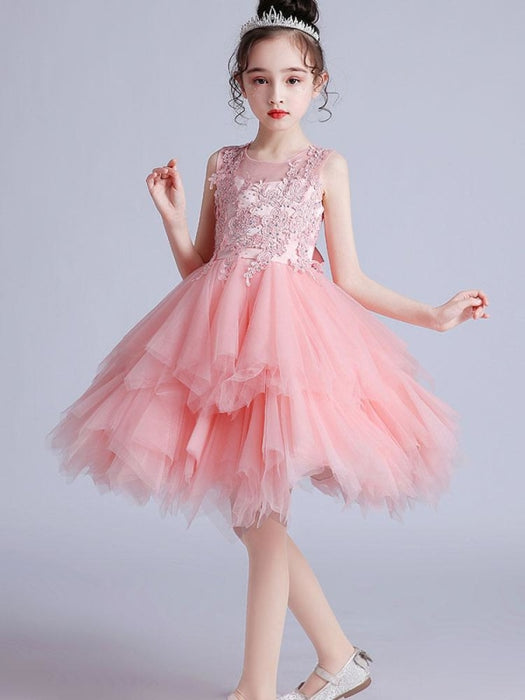 Flower Girl Dresses Jewel Neck Tulle Short Sleeves Knee-Length Princess Silhouette Embroidered Kids Social Party Dresses