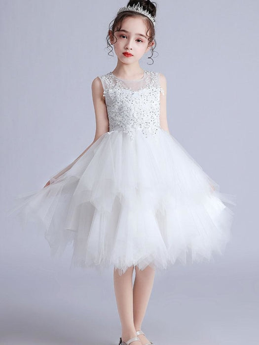 Flower Girl Dresses Jewel Neck Tulle Short Sleeves Knee-Length Princess Silhouette Embroidered Kids Social Party Dresses