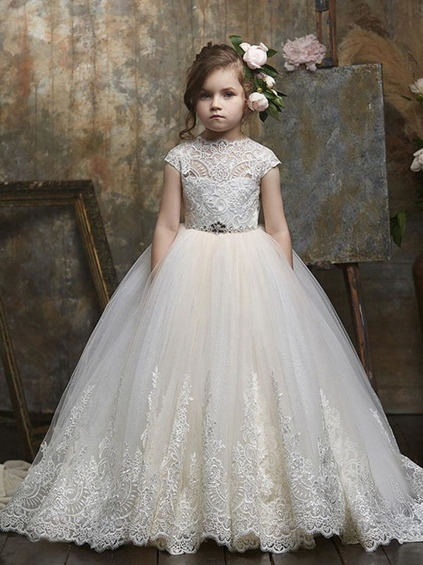 Flower Girl Dresses Jewel Neck Lace Short Sleeves Floor-Length Princess Silhouette Embroidered Formal Kids Pageant Dresses
