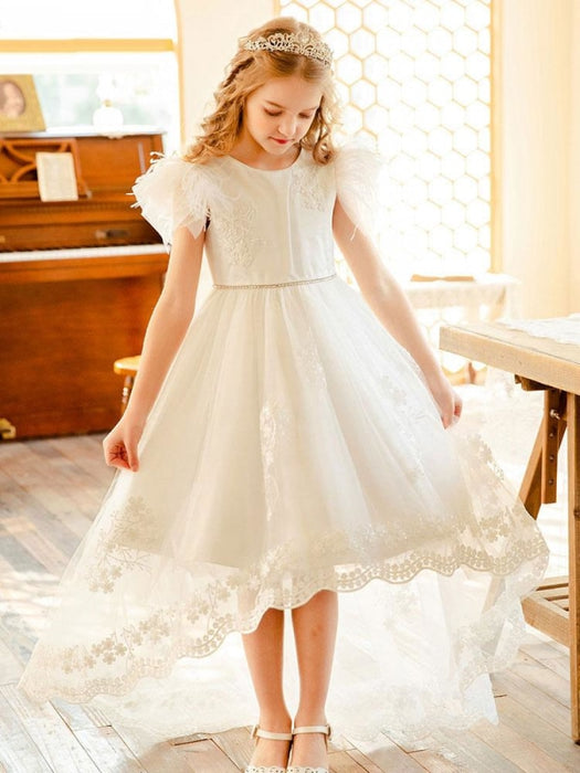Flower Girl Dresses White Jewel Neck Short Sleeves Lace Formal Kids Pageant Dresses