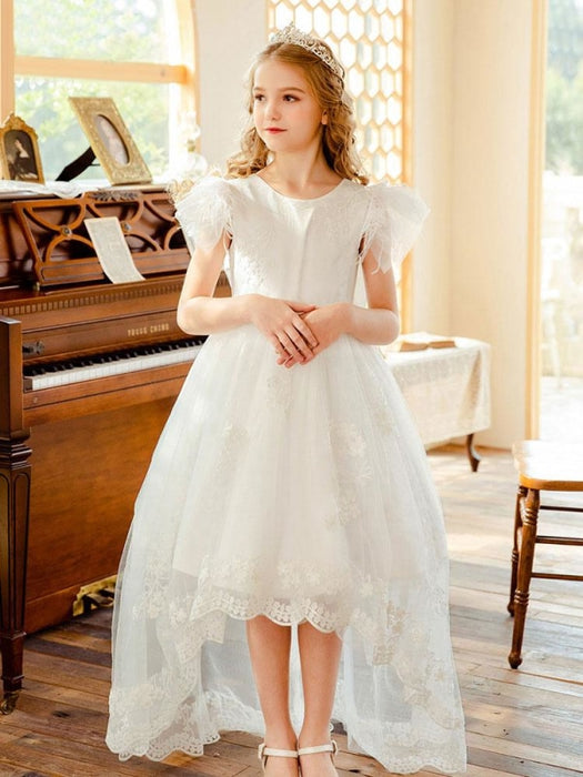 Flower Girl Dresses White Jewel Neck Short Sleeves Lace Formal Kids Pageant Dresses