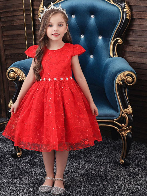 Flower Girl Dresses Jewel Neck Polyester Cotton Short Sleeves Knee Length Princess Silhouette Flowers Kids Social Party Dresses