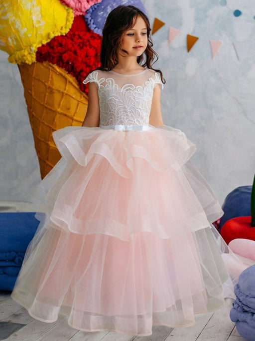 Flower Girl Dresses Jewel Neck Short Sleeves Tiered Kids Pageant Dresses