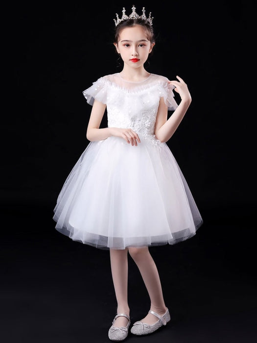 White Flower Girl Dresses Illusion Neckline Short Sleeves Tulle Princess Dress Flowers Beaded Embellishment Kids Party Dresses