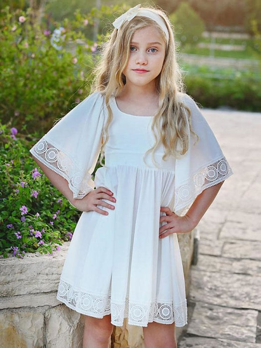 White Flower Girl Dresses Square Neck Polyester Short Sleeves Short A-Line Kids Social Party Dresses