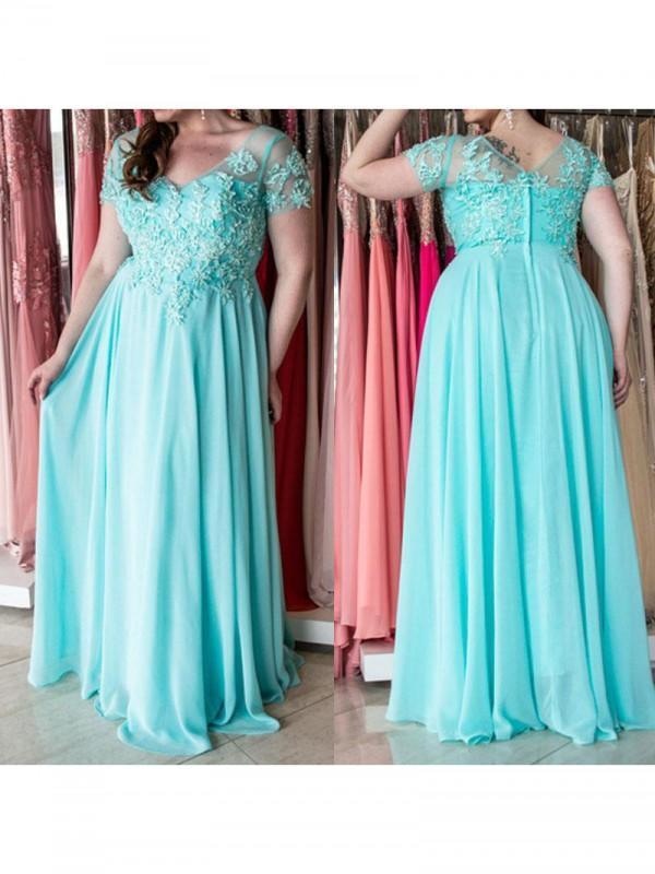 Short Sleeves With Applique Floor-Length Chiffon Plus Size Dresses - Prom Dresses