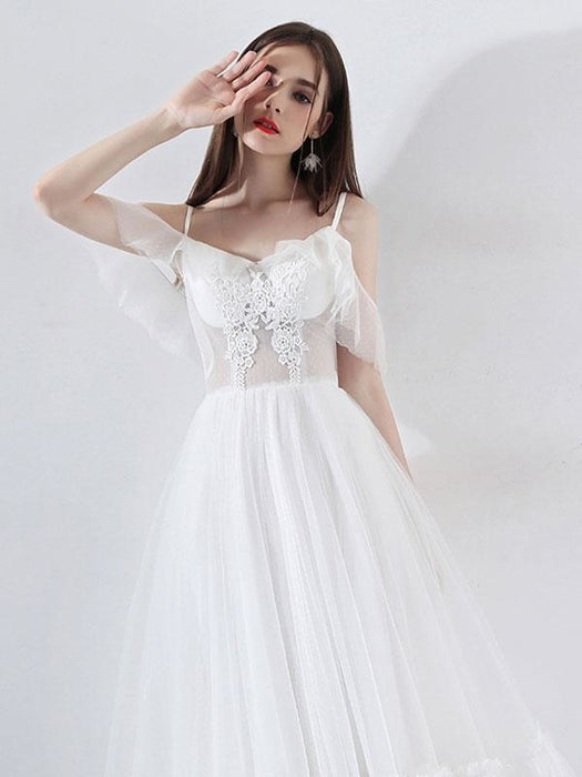 Short Wedding Dress 2021 A Line V Neck Short Sleeves Tea Length Bridal Dresses