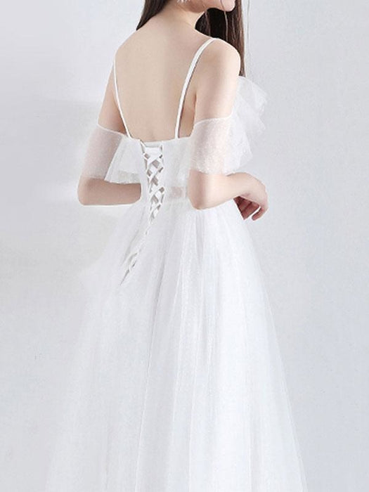 Short Wedding Dress 2021 A Line V Neck Short Sleeves Tea Length Bridal Dresses