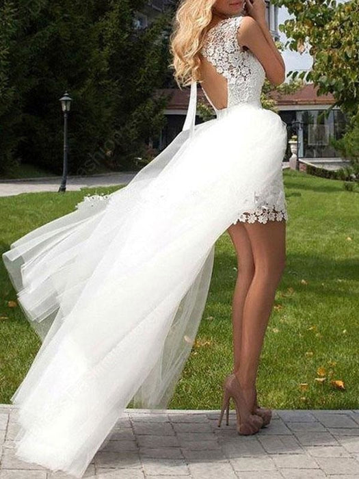 Short Wedding Dress 2021 Lace Jewel Neck Sleeveless Bridal Gowns With Panel Train