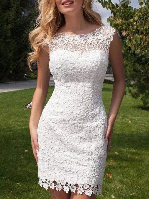 Short Wedding Dress 2021 Lace Jewel Neck Sleeveless Bridal Gowns With Panel Train