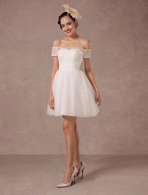 Short Wedding Dress Lace Off The Shoulder Mini A-line Vintage Bridal Dress