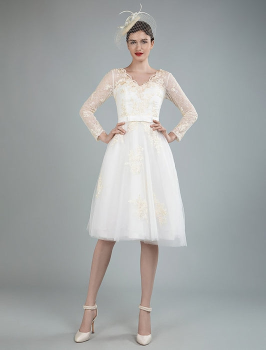 Short Wedding Dress Tulle Knee Length V Neck Long Sleeves A Line Natural Waist Bridal Gowns