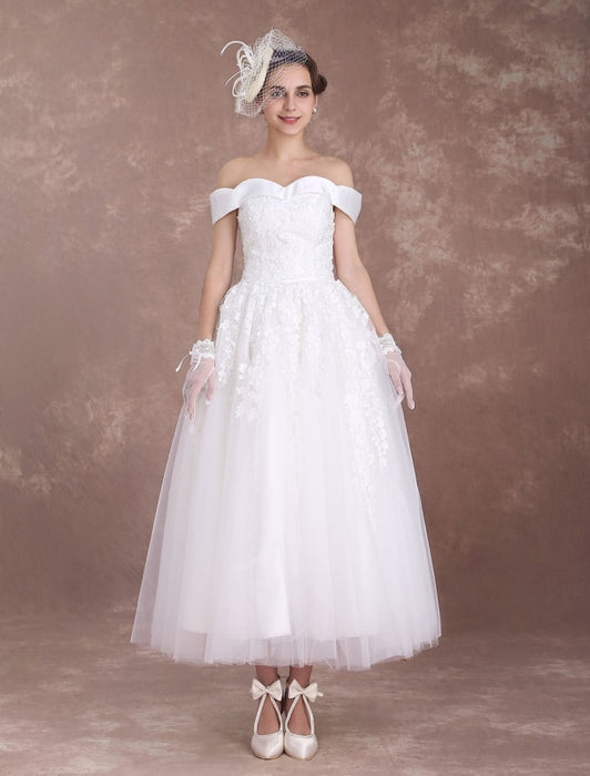 Short Wedding Dresses Off The Shoulder Vintage Bridal Dress 1950's Lace Applique Tulle Tea Length Ivory Wedding Reception Dress misshow