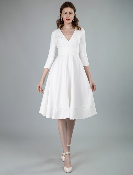 Short Wedding Dresses V Neck 3/4 Length Sleeves A-Line Knee Length Bridal Dress