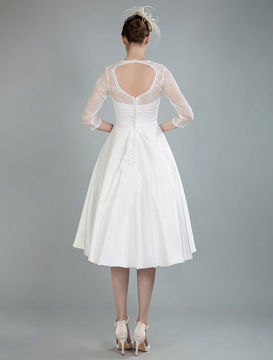 Short Wedding Dresses V Neck 3/4 Length Sleeves A Line Tea Length Traditional Bridal Dresses