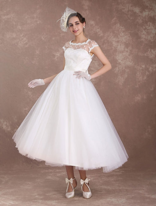Short Wedding Dresses Vintage 1950's Bridal Dress Open Back Polka Dot Ivory A Line Tea Length Wedding Reception Dress misshow