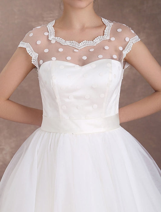 Short Wedding Dresses Vintage 1950's Bridal Dress Open Back Polka Dot Ivory A Line Tea Length Wedding Reception Dress misshow