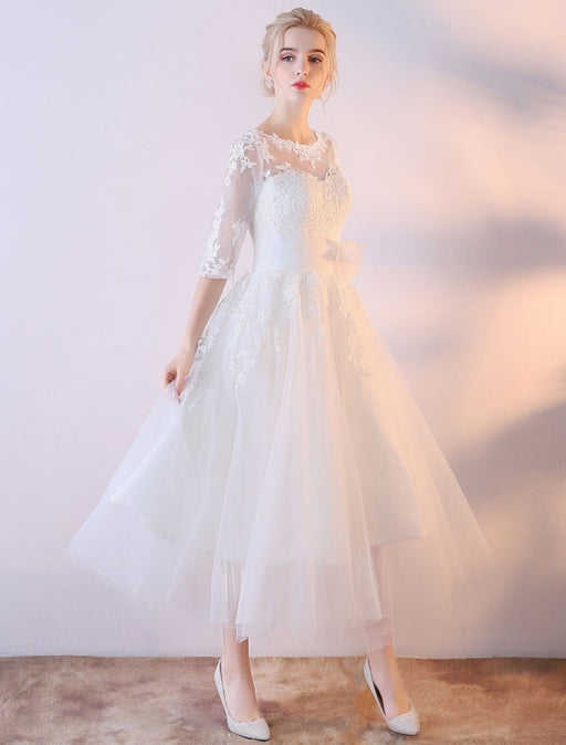 Short Wedding Dresses White Half Sleeve Lace Applique Tea Length Bridal Dress