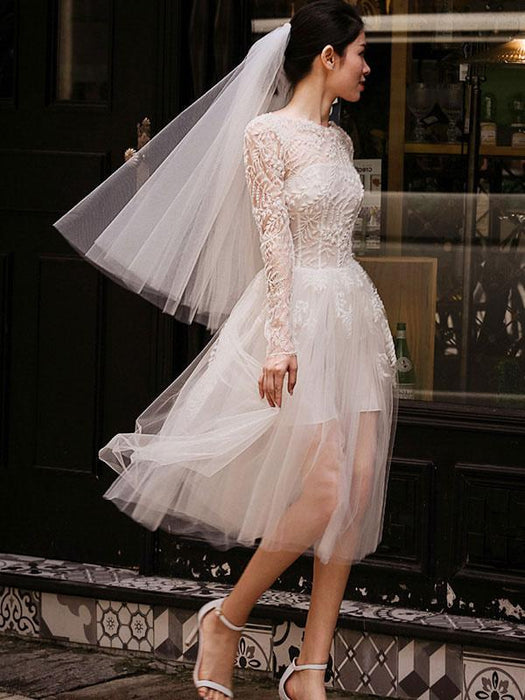 Short Wedding Dresses White Lace Long Sleeve-Bridelily Short Wedding Dresses White Lace Long Sleeve-Bridelily