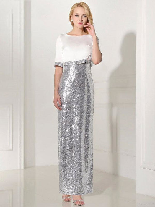 Silver Evening Dress Sequin 2 Piece Mother Dress Sheath Split V Neck Flower Ankle Length Party Dress