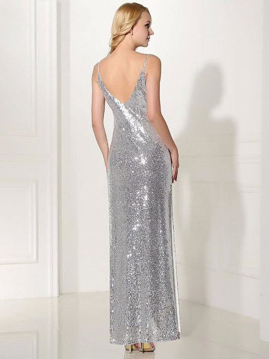 Silver Evening Dress Sequin 2 Piece Mother Dress Sheath Split V Neck Flower Ankle Length Party Dress