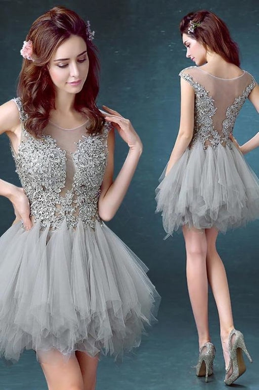 Silver Gray Tulle Scoop Unique Junior Homecoming with appliques Graduation Dress - Prom Dresses