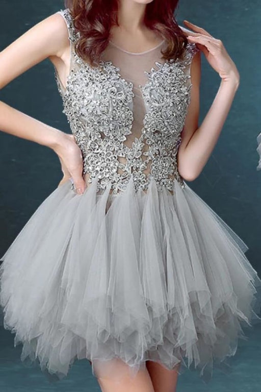 Silver Gray Tulle Scoop Unique Junior Homecoming with appliques Graduation Dress - Prom Dresses