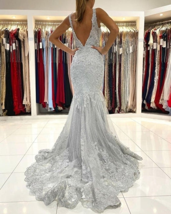 Silver Lace Mermaid Evening Dress with Long Sleeveless - Prom Dresses