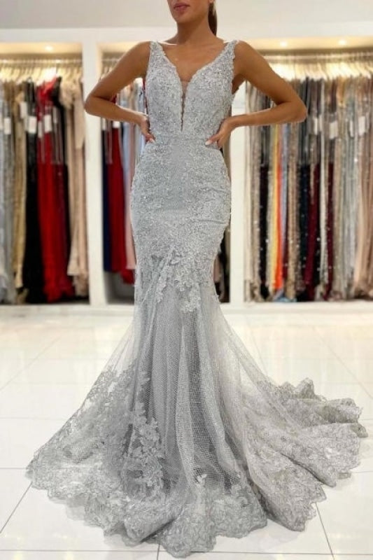 Silver Lace Mermaid Evening Dress with Long Sleeveless - Prom Dresses