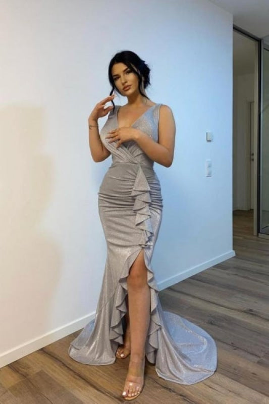 Silver Long V-neck Mermaid Ruffle Prom Dresses with Glitter — Bridelily