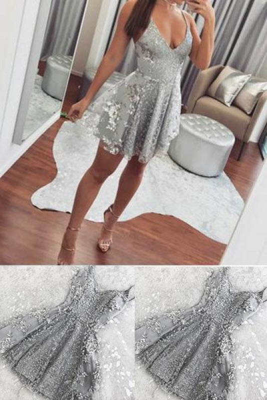 Silver Mini Spaghetti Straps Backless V-neck Lace Homecoming Dress Short Prom Gown - Prom Dresses