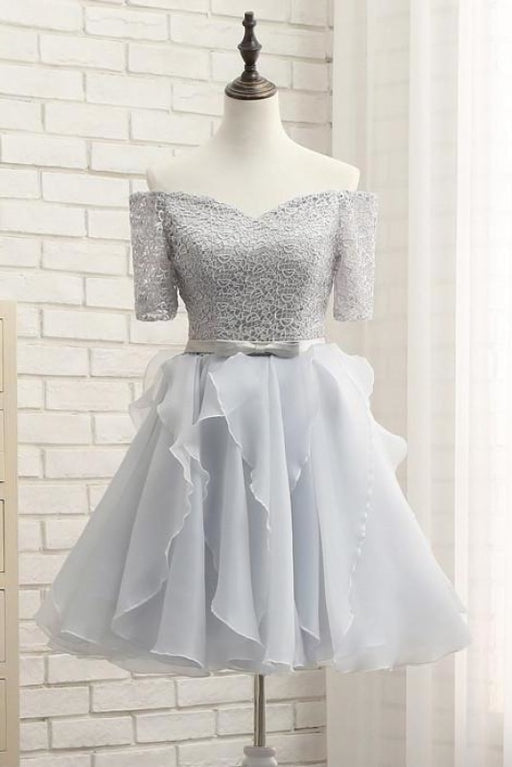 Silver Off-the-shoulder Homecoming Half Sleeve Short Prom Party Dress with Band - Prom Dresses