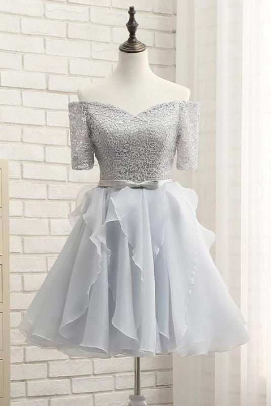 Silver Off-the-shoulder Homecoming Half Sleeve Short Prom Party Dress with Band - Prom Dresses