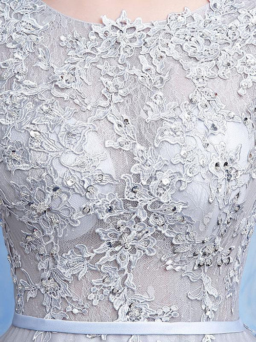 Silver Prom Dress Tulle Backless Party Dress Lace Applique A Line Occasion Dress With Train